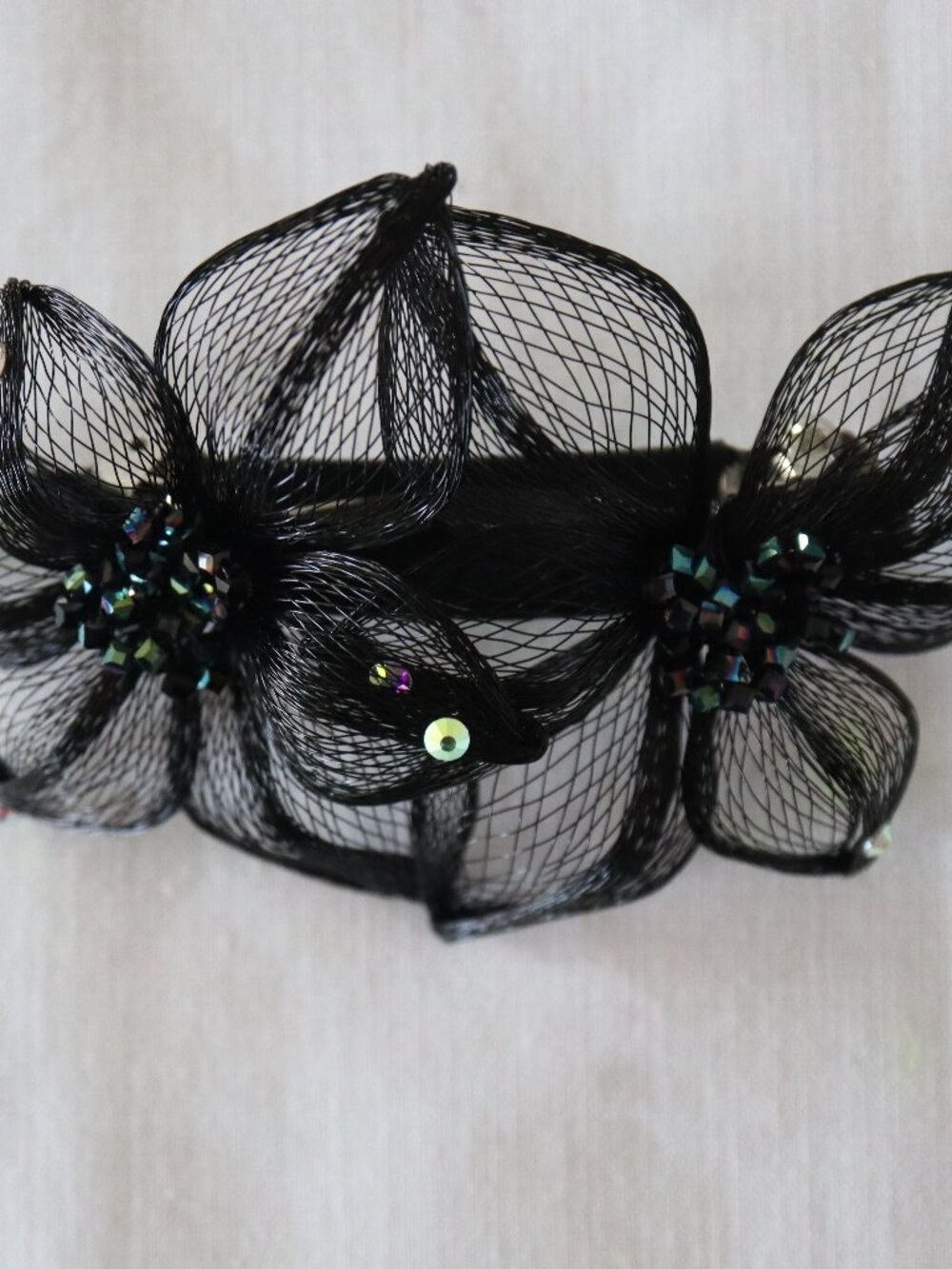 French Hair Clip Handmade using black copper mesh rhinestone glass beads 5" x 3"